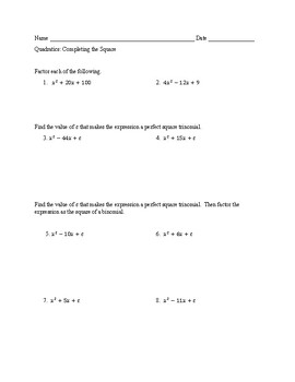 Preview of Quadratics: Completing the Square Mixed Practice
