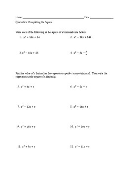 Preview of Quadratics: Solving by Completing the Square with Answer Key
