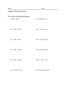 Preview of Quadratics: Solving by Factoring with Answer Key