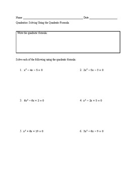 Preview of Quadratics: Solving with the Quadratic Formula with Answer Key