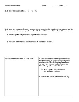 Preview of Quadratics and Systems of Equations Packet