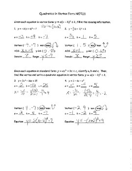 Preview of Quadratics in Vertex Form NOTES KEY