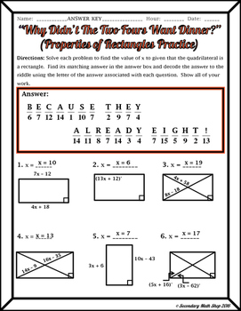 Quadrilaterals - Properties of Rectangles Riddle Worksheet | TpT
