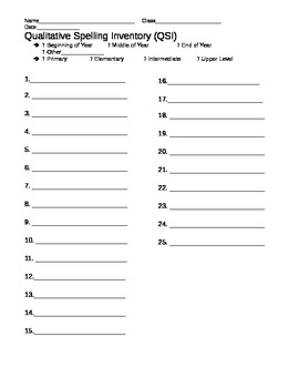 Qualitative Spelling Inventory (QSI) Student Sheet and Record by Kelsey