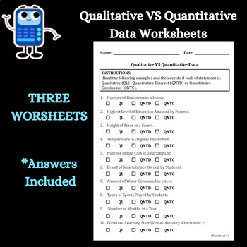Preview of Qualitative VS Quantitative Data Multiple Choice Worksheet (Solutions Included)