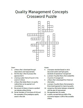 Preview of Quality Management Terms Crossword Puzzle - with Answer Key