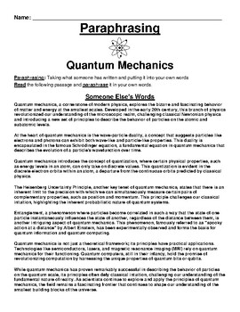 Preview of Quantum Mechanics Paraphrasing Worksheet