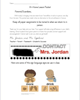 Preview of SIDPID Severe and Profound Special Education PreK-Kindergarten take home packet