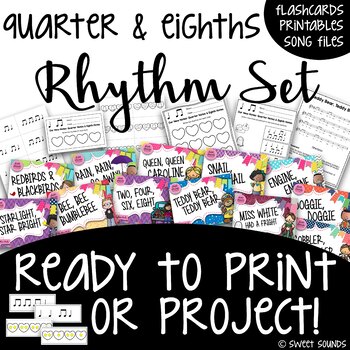 Preview of Quarter Note Eighth Note - Rhythm Activities - Worksheets, Flashcards, and Songs