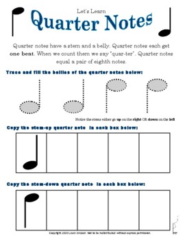 Preview of Quarter Note Trace Worksheet - Learning Quarter Notes for Beginning Music