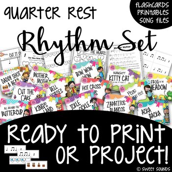 Preview of Quarter Rest Rhythm Activities - Worksheets, Flashcards, and Songs