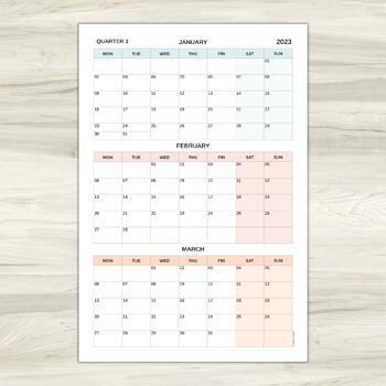 Quarterly calendar 2023, multicolored 3 months calendar, printable, 24 ...