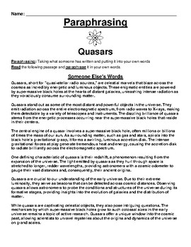 Preview of Quasars Paraphrasing Worksheet