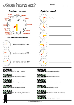 Qué hora es? (Telling time-worksheet in Spanish) by Shoe Bear Education