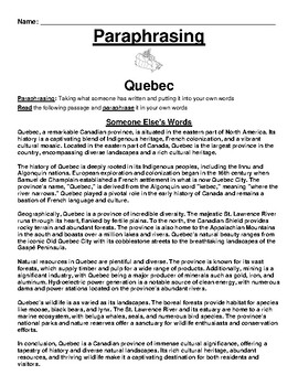 Preview of Quebec Paraphrasing Worksheet (Canada)