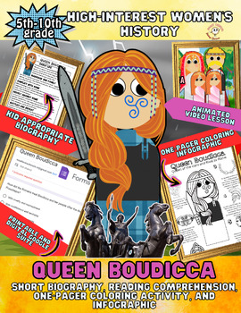 Preview of Queen Boudicca Reading, Comprehension, Video, and One-Pager Coloring Activity