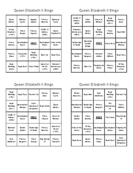 Preview of Queen Elizabeth II Bingo - (100) Different Cards - Just Print, Cut, & Play!