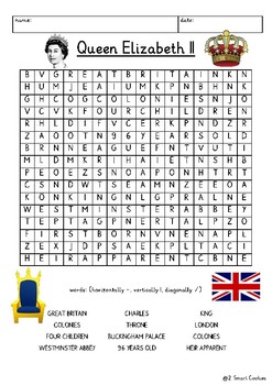 Preview of Queen Elizabeth II Great Britain Printable Word Search Puzzle (English)