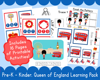 Preview of Queen PreSchool Kindergarten Learning Pack Q is for Queen E is for England
