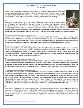Preview of Queen Victoria Life and Reign - Reading Comprehension Worksheet / Biography