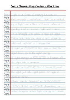 Preview of Queensland Cursive Handwriting Trace Sheet YEAR 5 LINES - Science LIGHT Focus