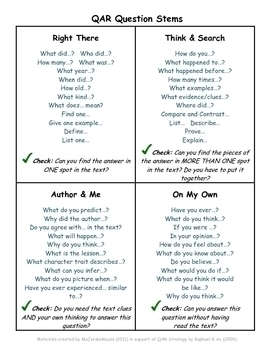 Question - Answer - Relationship (QAR): Student Question Stems by