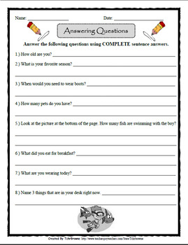 Question Answering Worksheet by TchrBrowne | Teachers Pay Teachers