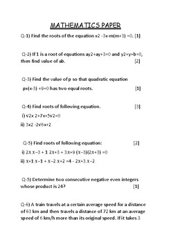 Preview of Question Paper of Quadratic Equation Class 10th