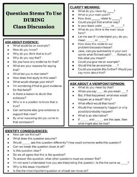 Preview of Question Stems for Socratic Seminars and Classroom Discussions