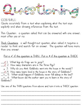 Questioning Thick and Thin Questions by Teaching 5th in IL | TpT