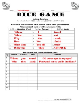 Questions Practice In French With Est Ce Que Dice Game Tpt