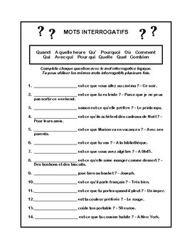 Preview of Questions, mots interrogatifs, worksheet in French for French 1