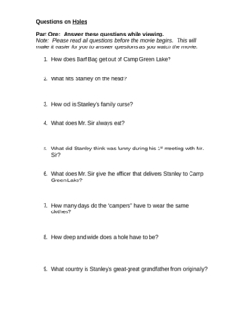 Preview of Questions to go along with the movie _Holes_