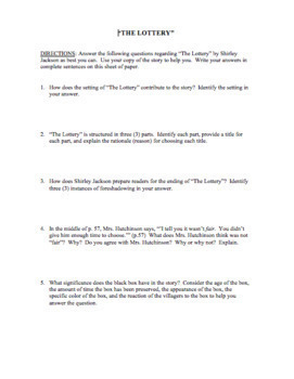Questions & Answer Key for "The Lottery" by S. Jackson
