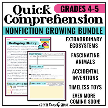 Preview of Quick Comprehension Passages | Reading Worksheets Activities | Growing Bundle
