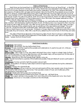 Preview of Quick Easy Mardi Gras Lesson and Worksheet