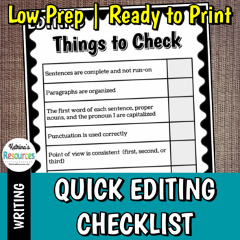Preview of Quick Editing Checklist for Elementary Writing