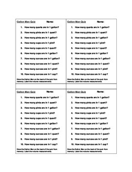 Preview of Quick Gallon Man Measurement Quiz; Volume and Weight Assessment