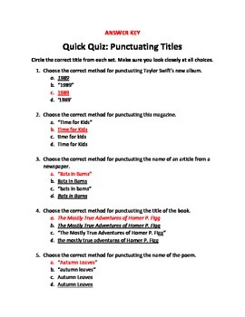 Quick Quiz Punctuating Titles 10 Questions Multiple Choice Tpt