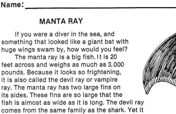 Preview of Animal MANTA RAY FISH Info Text w/ 4 Multiple Choice Reading Comprehension Qs