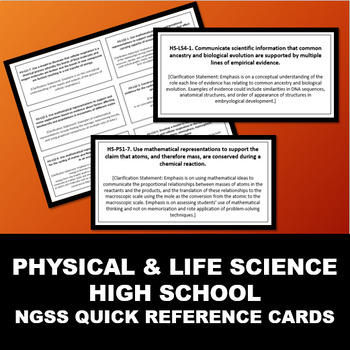 Preview of Quick Reference High School Science NGSS Cards (New Generation Science Standard)