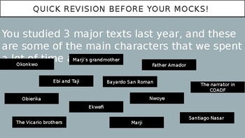 Preview of Quick fire questions to major characters from novels studied