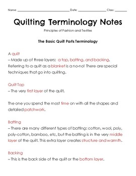 Preview of Quilting Terminology Answer Key