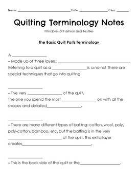 Preview of Quilting Terminology Student Notes