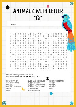 Preview of Quirky Animals Word Search Puzzle - Animals with letter Q