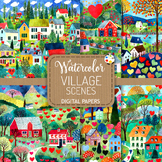 Quirky Village Scenes - Transparent Watercolor Digital Paintings