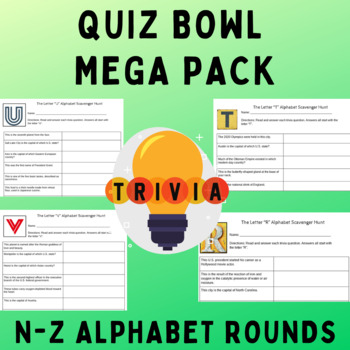 Preview of Quiz Bowl Mega Pack: 10 Alphabet Trivia Scavenger Hunts w/ Answer Keys