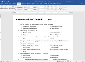 Preview of Quiz - Characteristics of Life