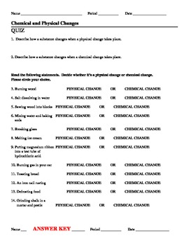 Preview of Quiz Chemical or Physical Changes Worksheet