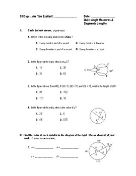 Geometry Quiz (Circles) - Angle Measures & Segment Lengths | TpT